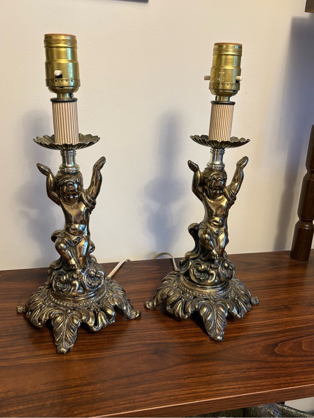 Vintage Brass Ornate Cherub Table Lamp Pair